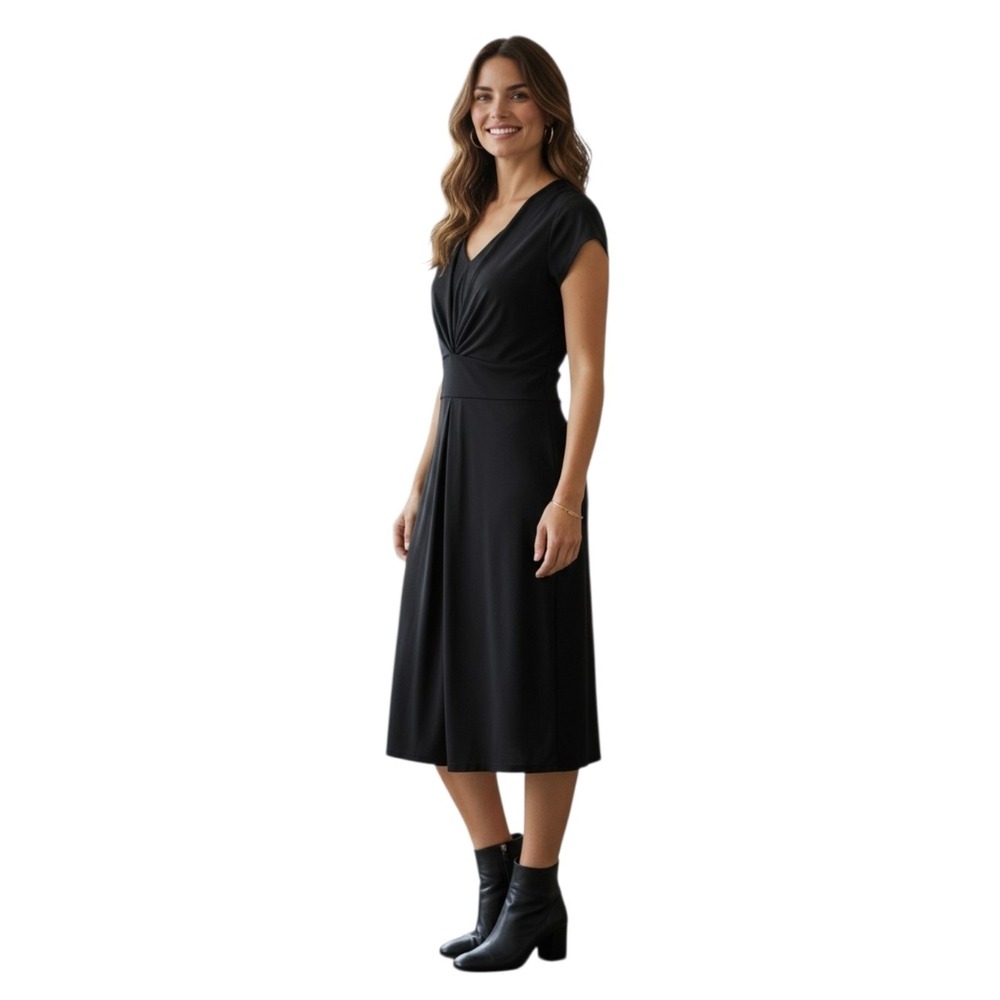 Talbots Women's Black V Neck Drapey Twist Waist Sheath Midi Dress 8